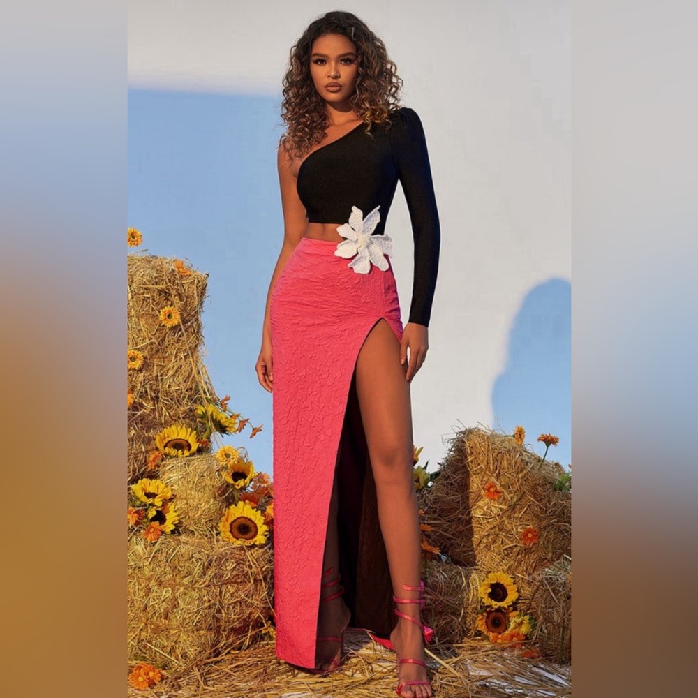 Black and Pink One-Shoulder Dress with White Floral Accent